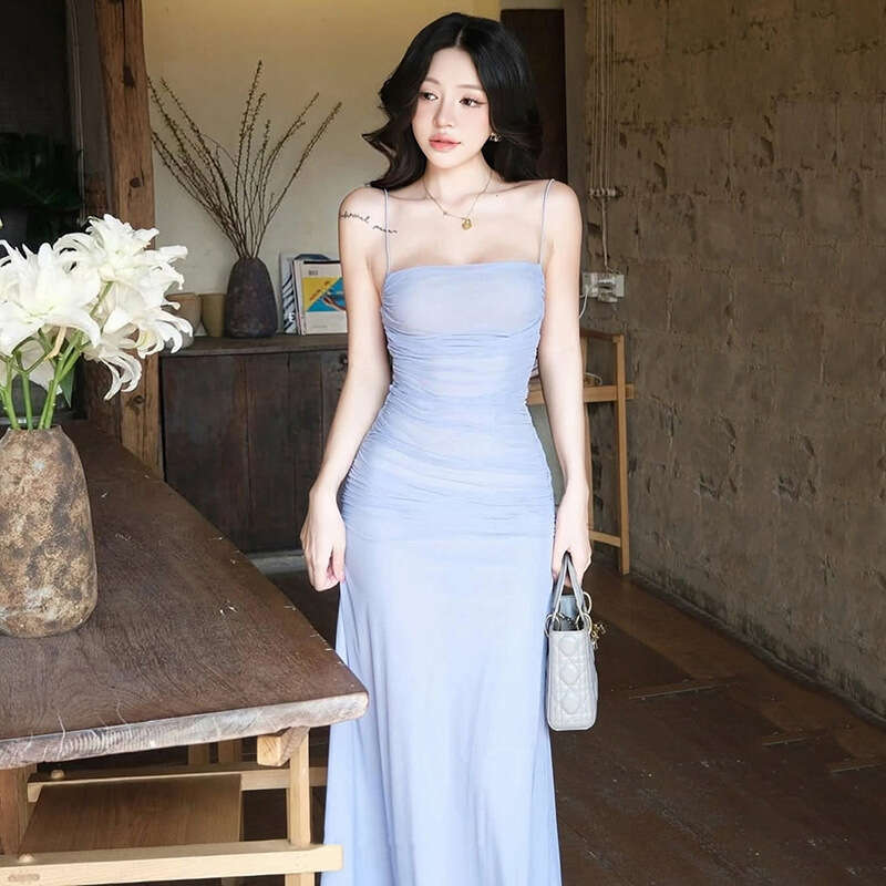 2025 Spring New Women's Solid Color Slim Fit High Waist Fashion Off-Shoulder Strap Dress 3b6