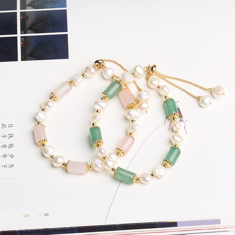 New Design Natural Rose Quartz Barrel Beads & Baroque Freshwater Pearl Bracelet Trendy Fresh Style Jewelry for Women