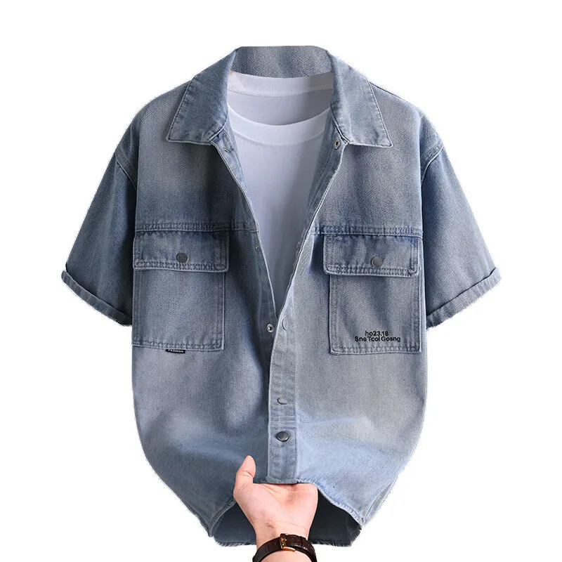 Trendy Mens Solid Denim Shirt Soft Breathable Lapel Collar DoublePocket ShortSleeve Casual Comfortable Top 250725