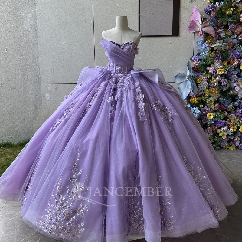 Lavender Shiny Quinceanera Dresses Off Shoulder Ball Gown Sweet 16 Dress Applique Flower Beads Tull Birthday Party Vestidos 15 Anos