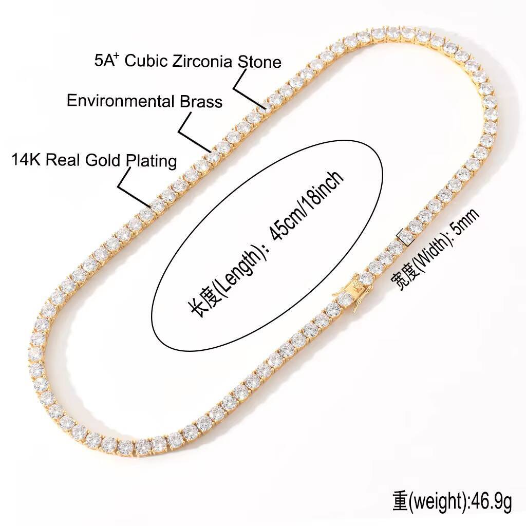 BES 3mm 4mm 5mm Gold Plated Bling Tennis Necklace Iced Out CZ Tennis Chains Bracelet Necklace Hip Hop Jewelry for Men