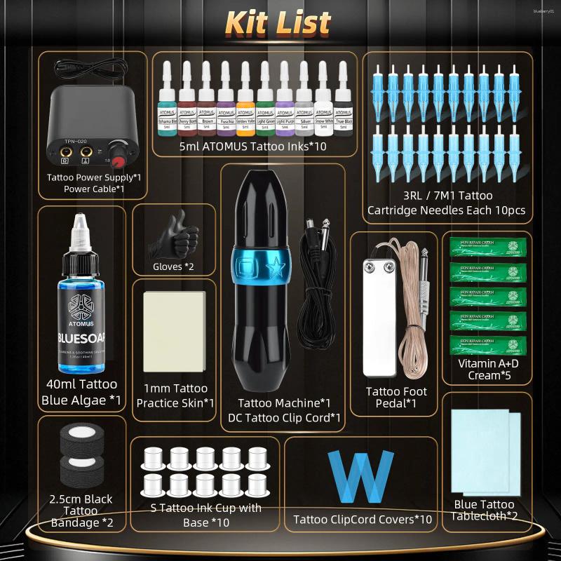 Tattoo Guns Kits Gun Kit Rotary Pen Mini Power Supply 20pcs Needles Practice Inks Pigment Complete Machine