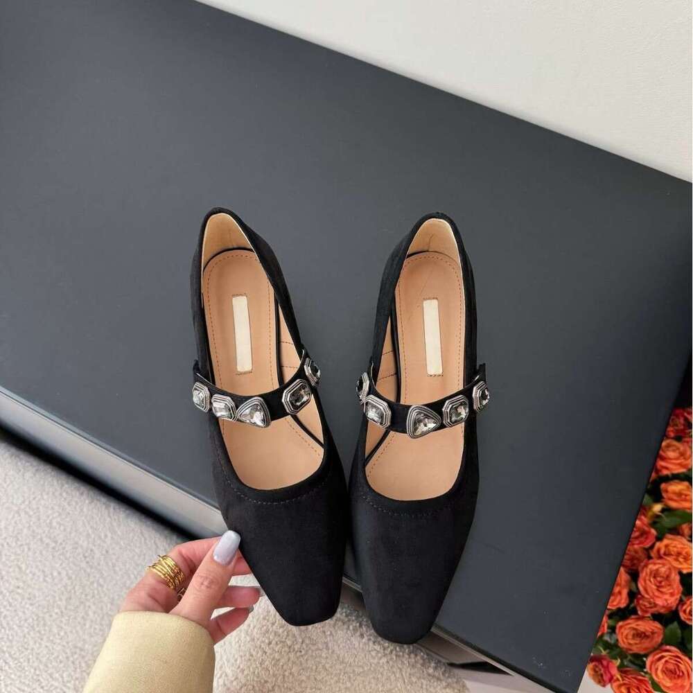Square Toe Suede Metal Strap Mary Jane for Women 2025 Spring and Autumn New Thick Heel Shallow Mouth Single Shoes