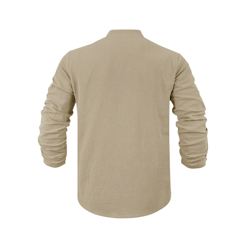 Men's linen shirt stand collar buckle loose casual breathable V-neck Henry shirt long sleeved T-shirt men European size: S-3XL