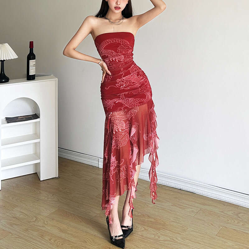 2024 Spring New Women's Solid Color Slim Fit Fashion Off-Shoulder Printed Dress ed1