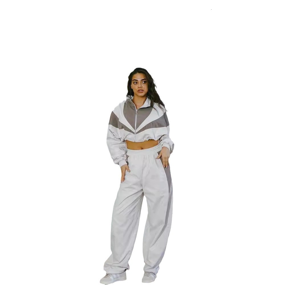 Loose Casual Womens Fashion Color-Block Long Sleeve Sports Cardigan and Pants Two-Piece Set Womens Pants Suit
