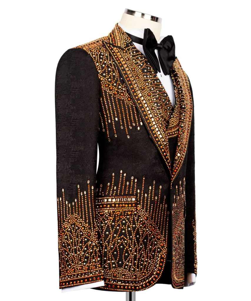 Luxury Men's Suits Crystal Beads Slim Fit Wedding Groom Tuxedos Peaked Lapel Business Blazer Set 3 Pieces Customized