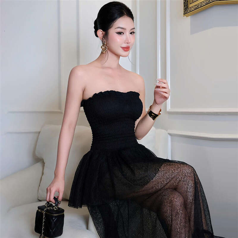 2025 Spring New Women's Solid Color Slim Fit High Waist Fashion Off-Shoulder Strap Dress 9c6