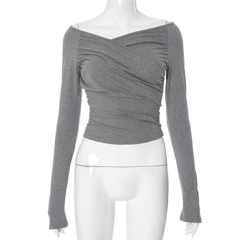 Qtp569 Women's Autumn New Solid Color V-Neck Two-Way Sexy Long Sleeve T-Shirt Top For Women B5