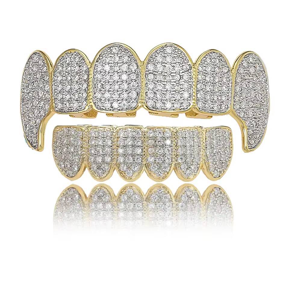 Wholesale High Quality 6 Teeth Top Bottom Micro Inset Zircon Hip Hop Grillz 925 Sterling Silver Moissanite Grillz Body Jewelry