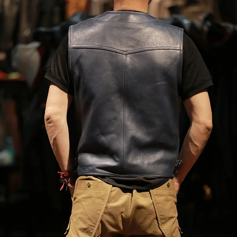 Mens Casual Retro Cowhide Leather Motorcycle Vest Sleeveless Tank Top in BrownCoffeeBlue Colors for Waistcoat Wear 250725