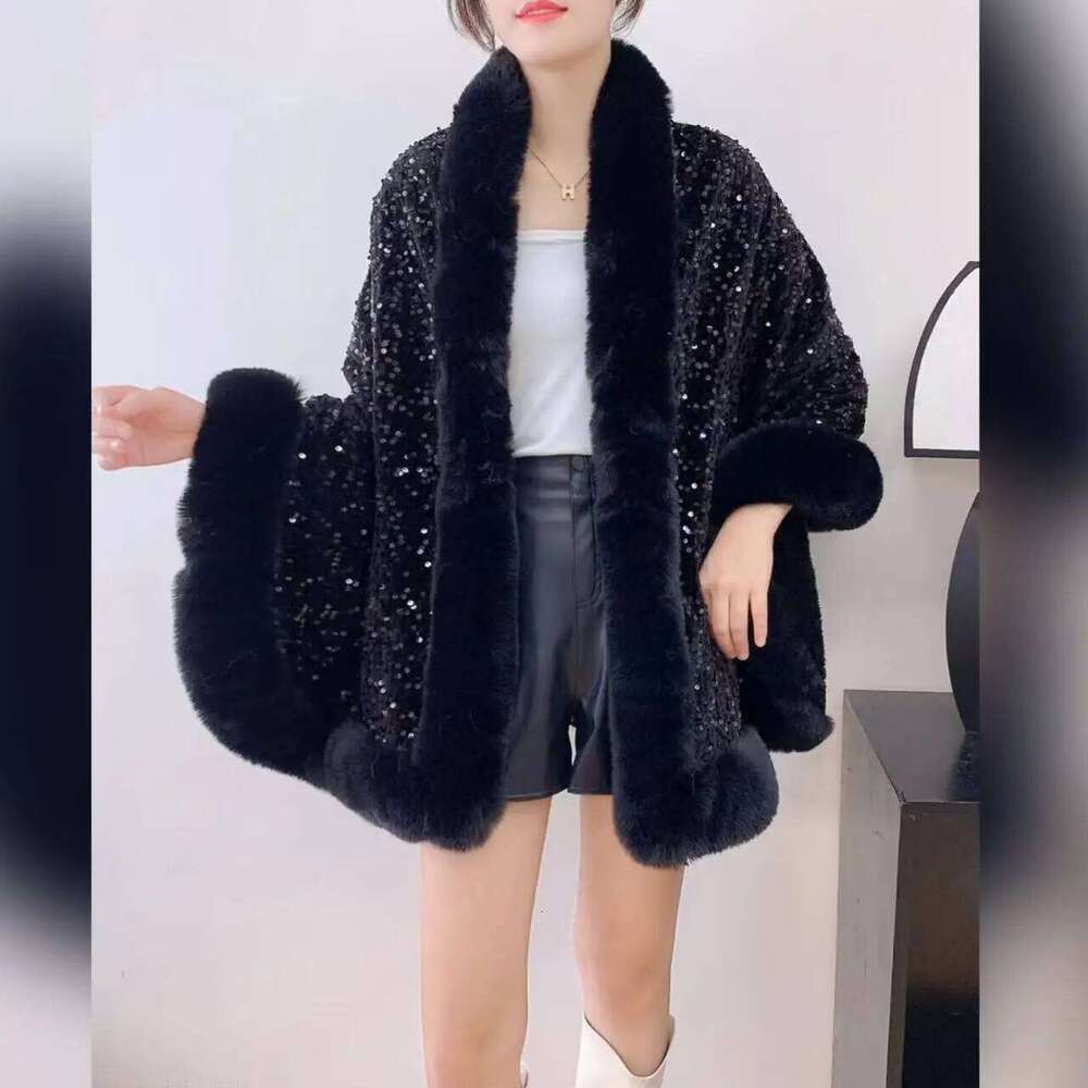 Designer Clothing 2025 12 Colors Women Long Faux Rabbit Fur Sequin Fabric Cape Winter Poncho Warm Thick Loose Shawl Outer Wear Wedding Party Wraps
