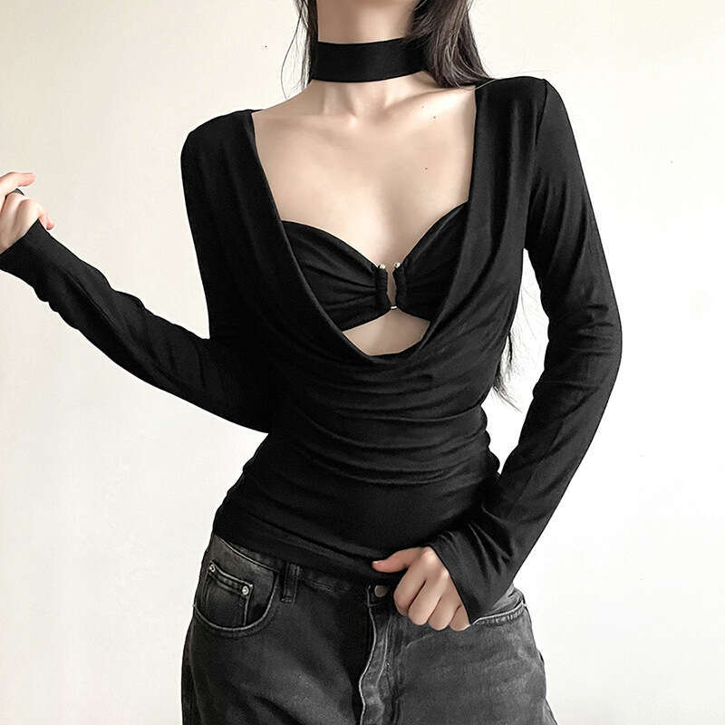 2023 Autumn New Women's Solid Color Sexy Long Sleeve Low-Cut Waist-Tie T-Shirt 751