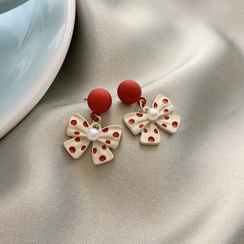 Cute Pearl Bowknot Drop Earrings for Women Red Round Dangle Wedding Party Wave Point Print Sweet Jewelry pendientes 250715