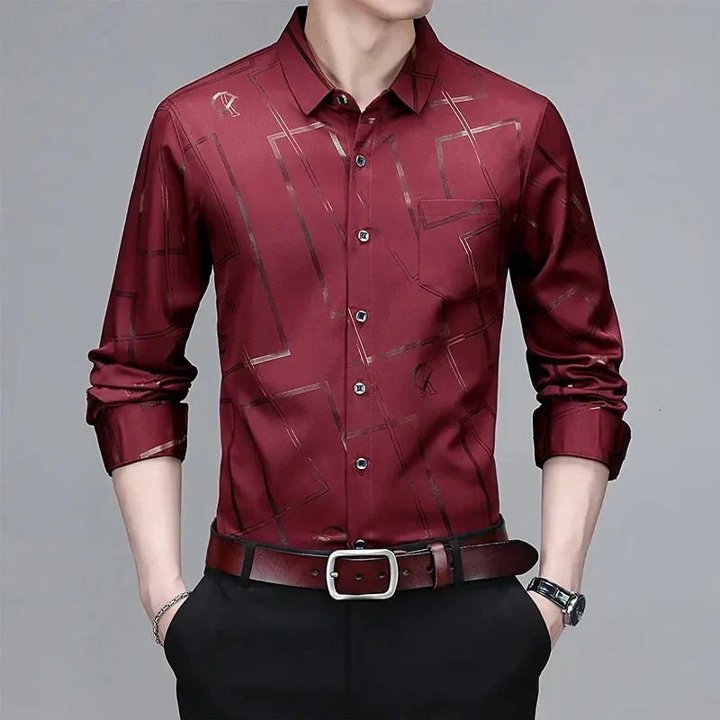 Mens Casual and Fashionable Long Sleeved Printed Shirt Non Ironing Wrinkle Resistant Business Top 250725