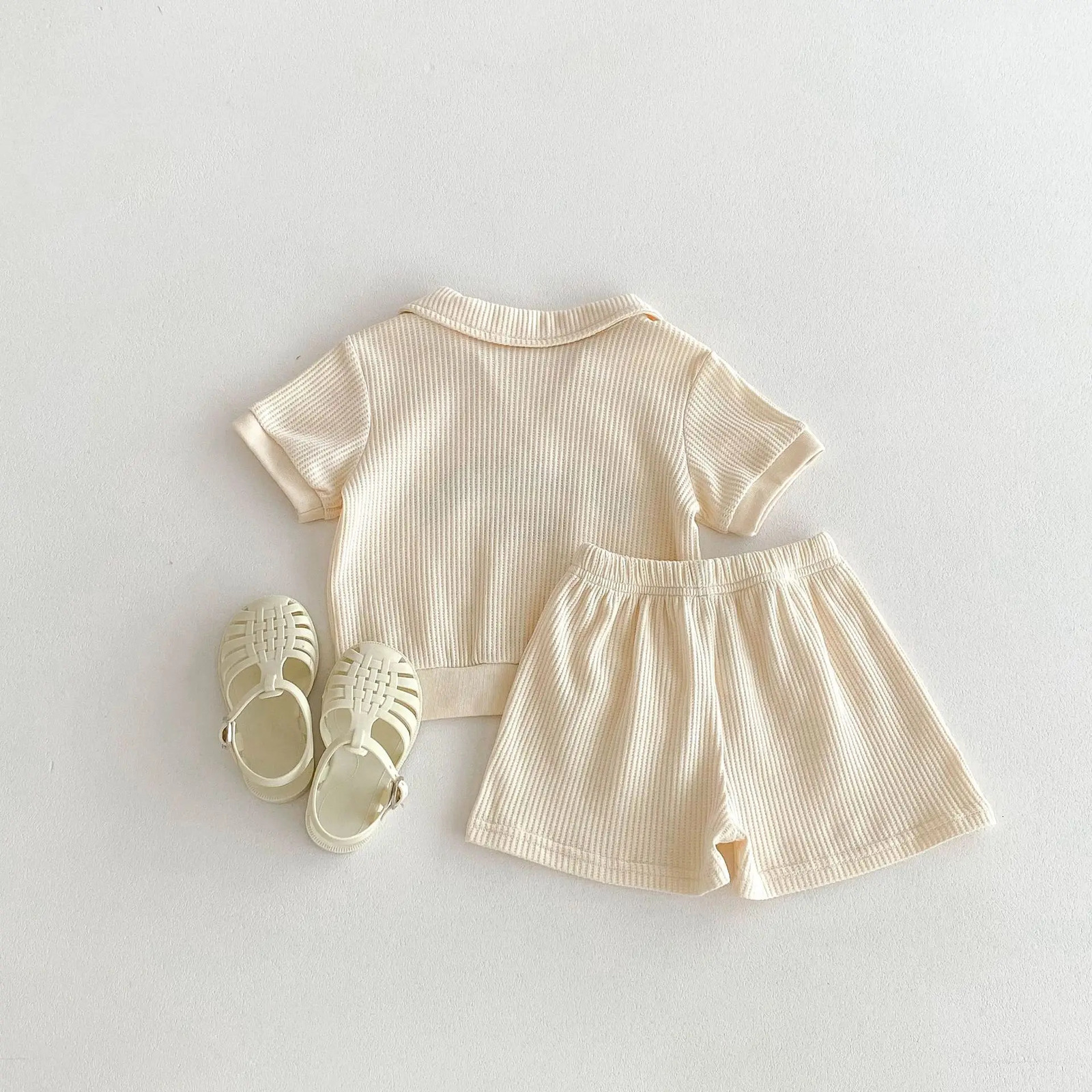 2psc Summer born Infant Baby Girls Boy Movement Fallow Lapel TShirt Shorts Printing Set Kids Muslin Fashion Clothing 250725
