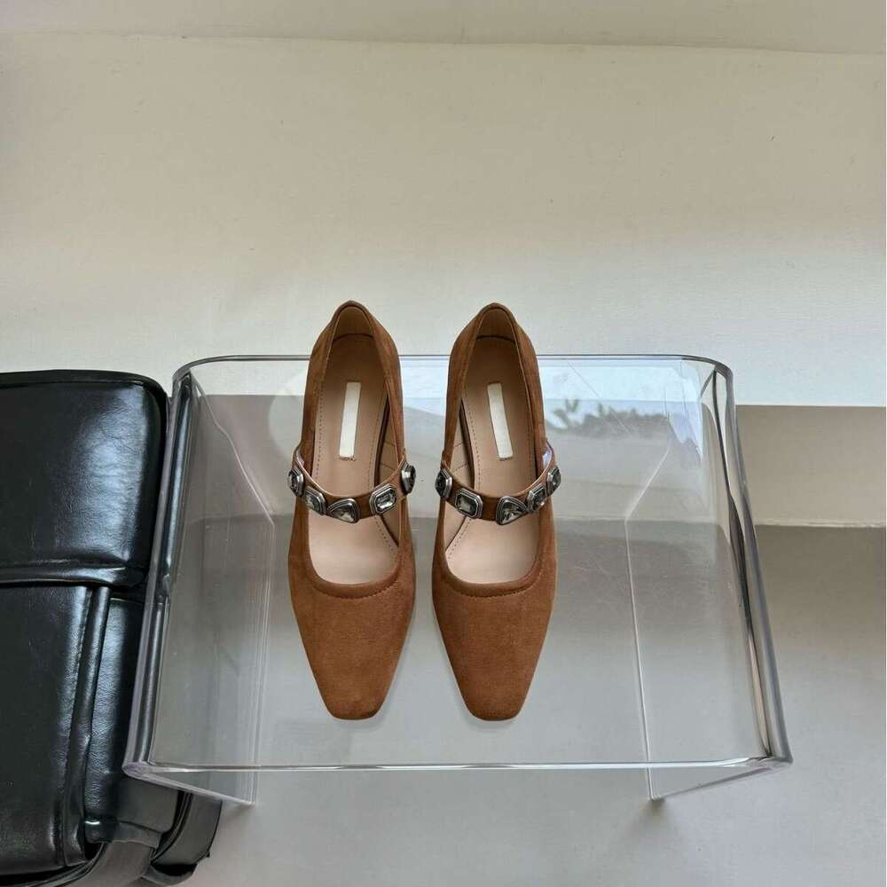 Square Toe Suede Metal Strap Mary Jane for Women 2025 Spring and Autumn New Thick Heel Shallow Mouth Single Shoes