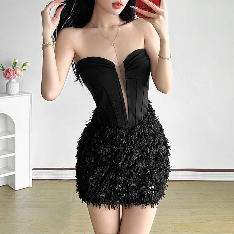 2024 Autumn Winter New Solid Color Sexy Strapless Vest High Waist Bodycon Skirt for Women d7d