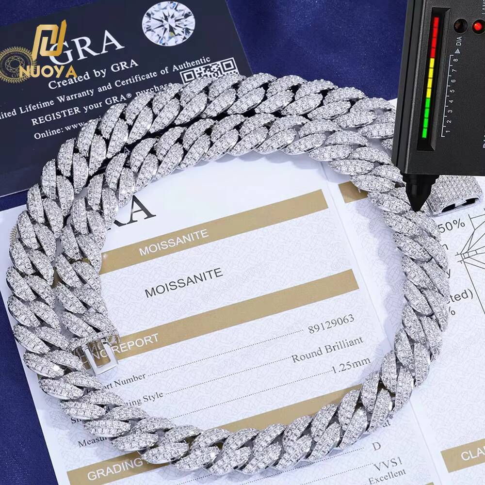 NUOYA 13MM Iced Out Chain Diamond Cuban Link Chain Bracelet Men Hip Hop Shiny Vvs Moissanite 925 Silver Cuban Necklace