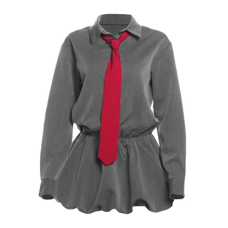 2024 Autumn New Women's Solid Color Slim High Waist Street Fashion Turn-Down Collar Long Sleeve Dress b26