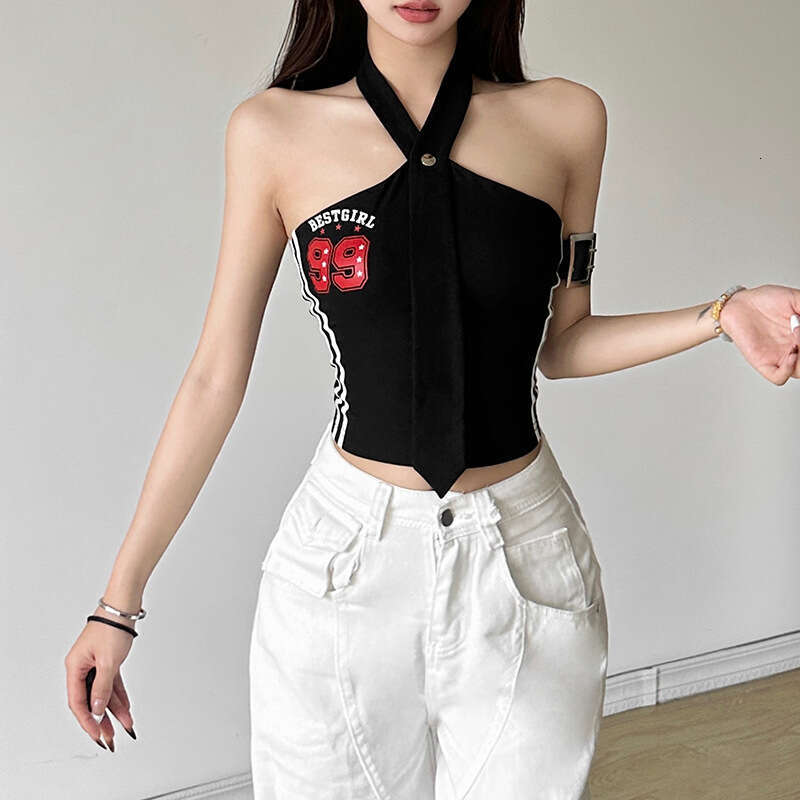 2024 Summer New Women's Solid Color Slim Fit Street Fashion Halter Sexy Backless Tank Top 498
