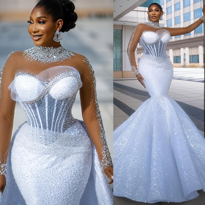 2025 Plus Size Wedding Dresses Bridal Gowns Detachable Train Illusion High Neck Beaded Lace Rhinestones Long Sleeves Wedding Gowns for African Black W