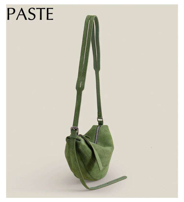 Strict Selection Autumn Crescent Saddle Soft Green Red Matte Suede Cow Leather Women Crossbody Bag High-end Daily-use Purse