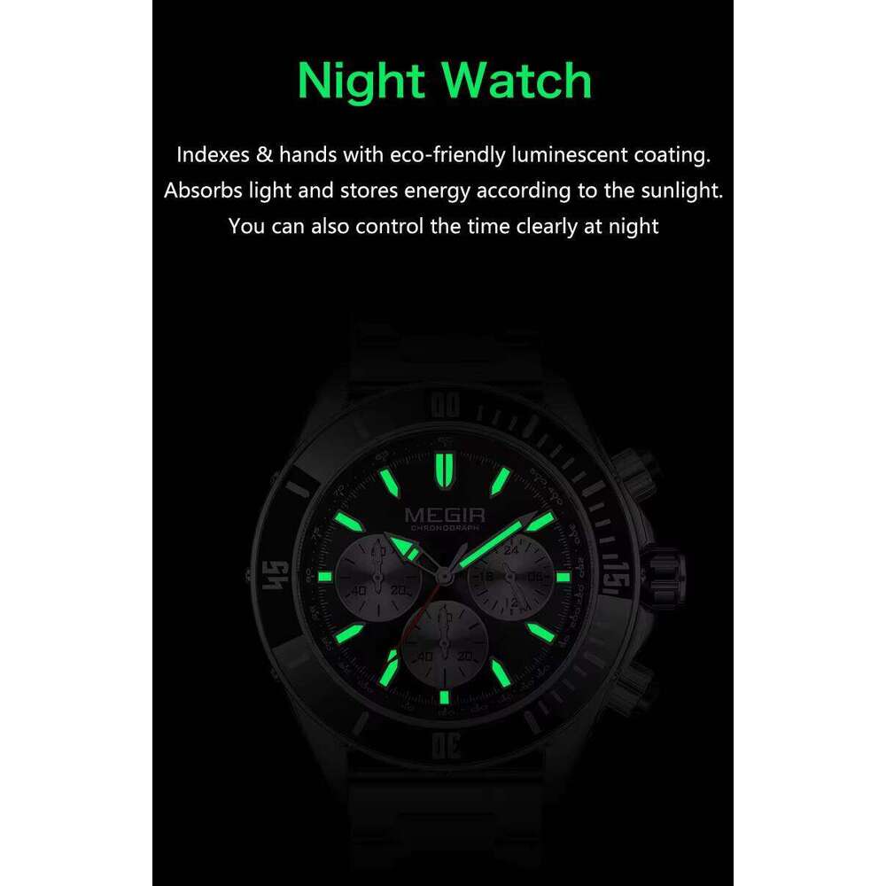 DHgargets MEGIR Men's Chronograph Watch - Stainless Steel Band, Luminous, 30M Waterproof, Multifunction Quartz Wristwatch