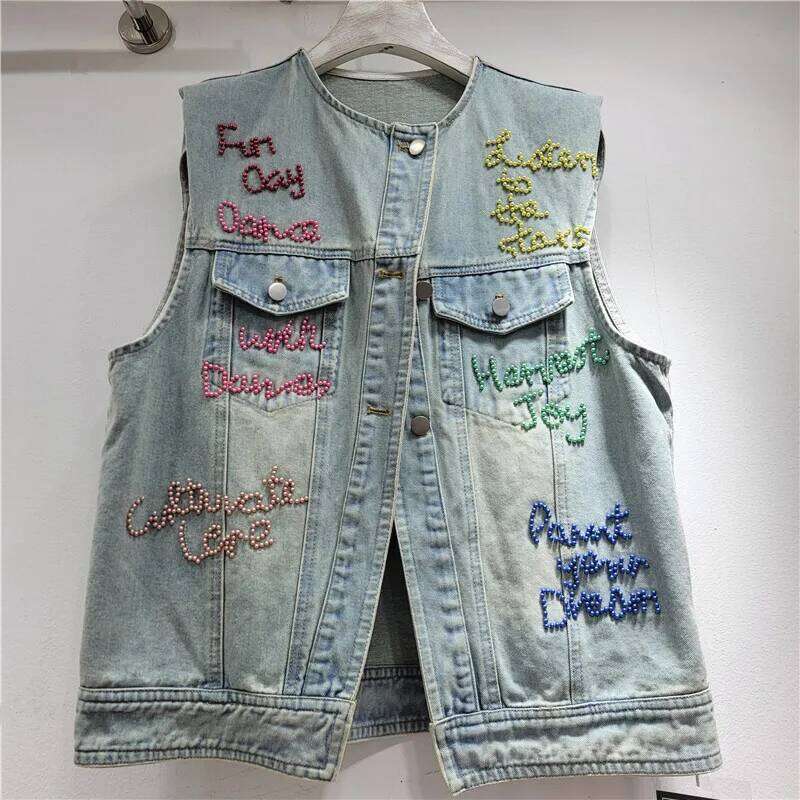 Women's Denim Waistcoat Colorful Letters Beaded Sleeveless O-Neck Single Breasted Vest 2025 Summer New Fashion 29A1497
