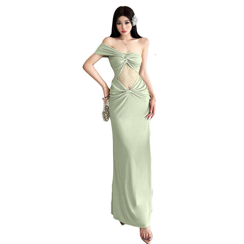 2025 Summer New Slim Sexy Vacation Style Mesh Patchwork Elegant Waist-Cinching Dress Women's Fashion 662