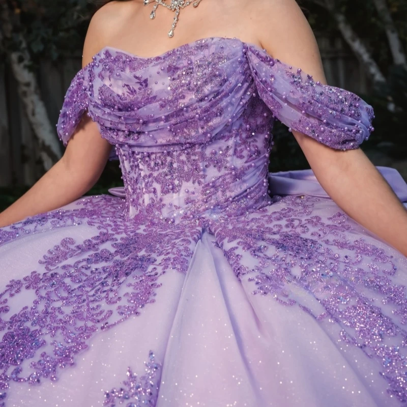 Lavender Quinceanera Dresses Off Shoulder Ball Gown Sweet 16 Dress Sequin Applique Lace Bow Pearl Tull Birthday Party Vestidos 15 Anos