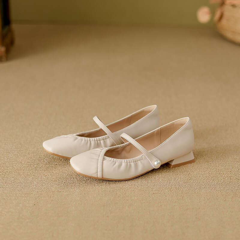 Yuanlitong 2025 Autumn New Professional Style Work Small Chunky Heel Flat Granny Wrinkled Genuine Leather Single Shoes for Women