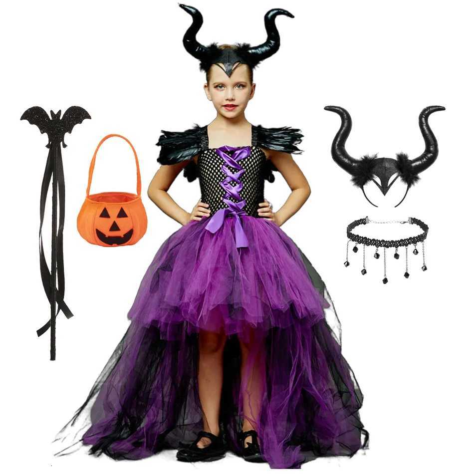 Halloween Children Costume Tulle Dress Girls Cosplay Vestidos Par Evil Queen Mesh Princess Dress Kids Crow Wand Z250725