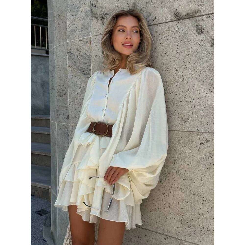Designer Clothing 2025 Irregular Ruffled Edge Buttons Lantern Sleeve Dress Women Chic Pleated Chiffon O Neck Mini Gowns Lady High Street Vestidos 2025