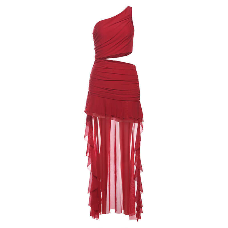 INS Style 2025 Spring New Women's Solid Color Slim Street Fashion Asymmetrical Neck One-Shoulder Dress 7e2