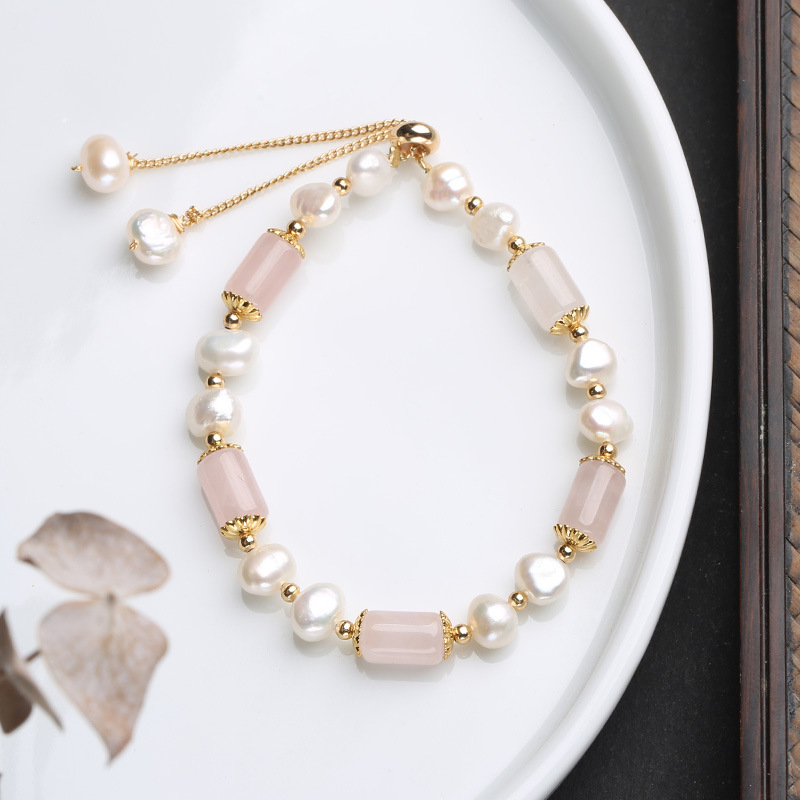 New Design Natural Rose Quartz Barrel Beads & Baroque Freshwater Pearl Bracelet Trendy Fresh Style Jewelry for Women