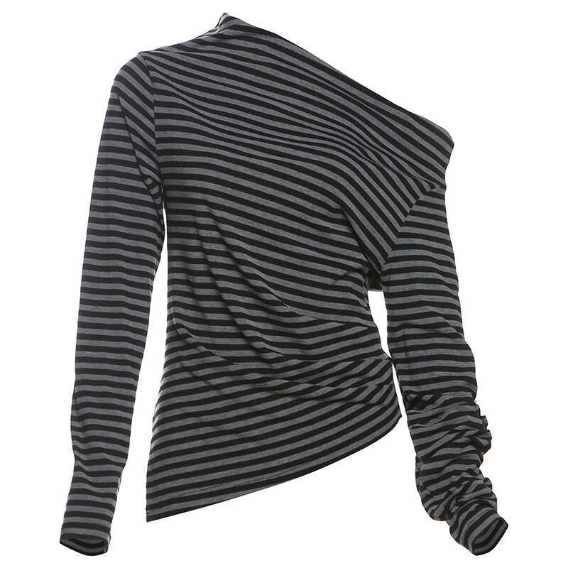 2024 Autumn Winter New Women's Solid Color Loose Street Fashion Asymmetrical Collar Striped Long Sleeve Top 9de