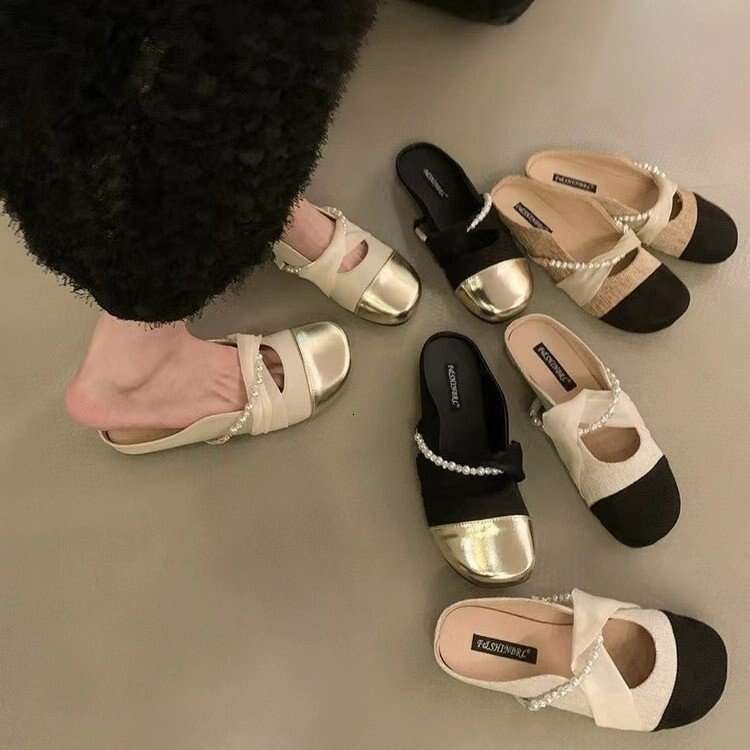 French Style Flat 2025 Pearl Pointed Toe Half Slippers Mary Jane Shoes for Women