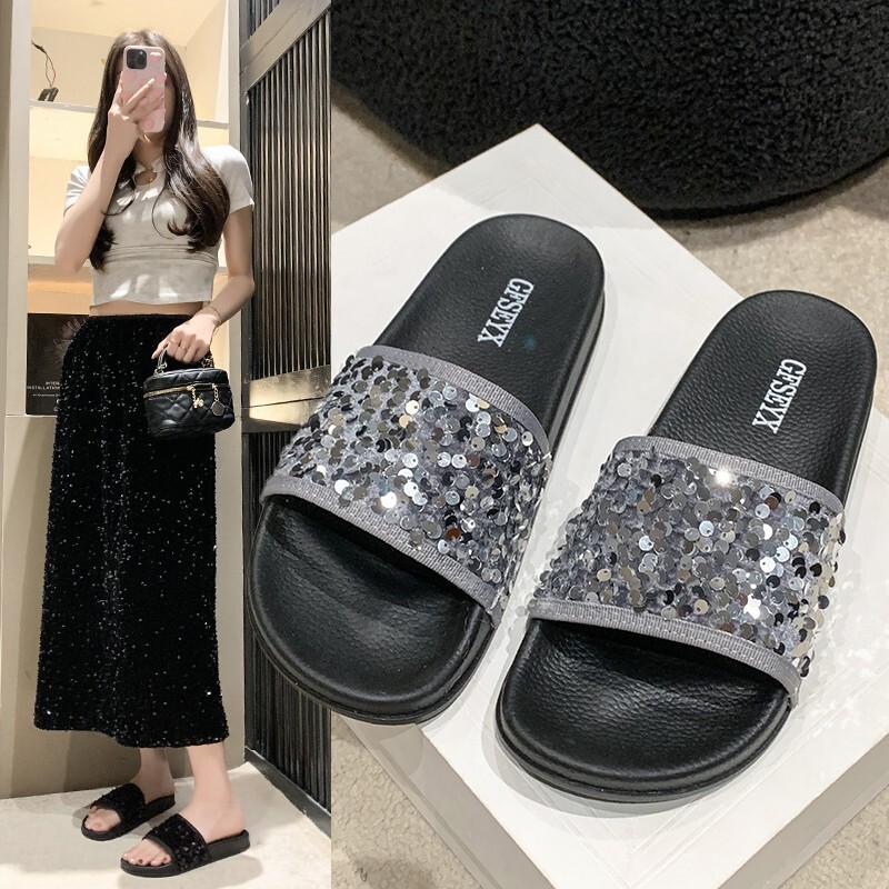 Ddmysports New Women S Summer Fashion Sequin Thick Soled Height Increasing Beach Non Slip Platform Slide Sandals Outdoor Shoes