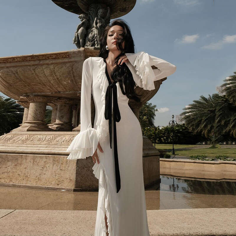 2024 Autumn New Women's Solid Color Slim High Waist Fashion V-neck Long Sleeve Split Dress ab3