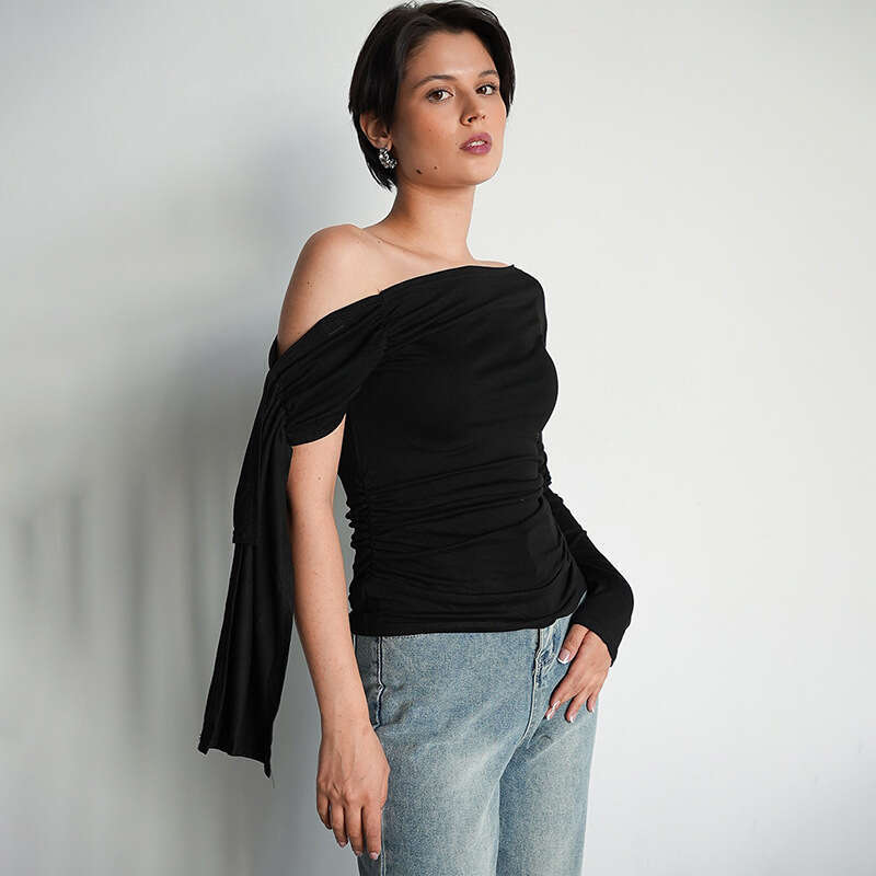 Ytp610 Women's Autumn New Solid Color Asymmetrical One-Shoulder Sexy Off-Shoulder Top B5