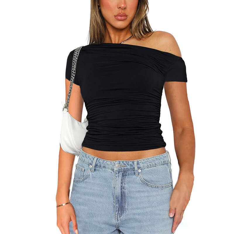 Y23tp747 Women's Spring New Solid Color Off-Shoulder Short Sleeve Ruched Crop Top T-Shirt B5