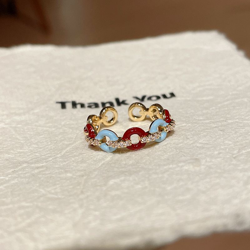 Gold Tone Linked Ring With Red Enamel & Pave Crystal Accents Minimalist Chic Daily Jewelry And Gift For Her High Quality Stylish Design
