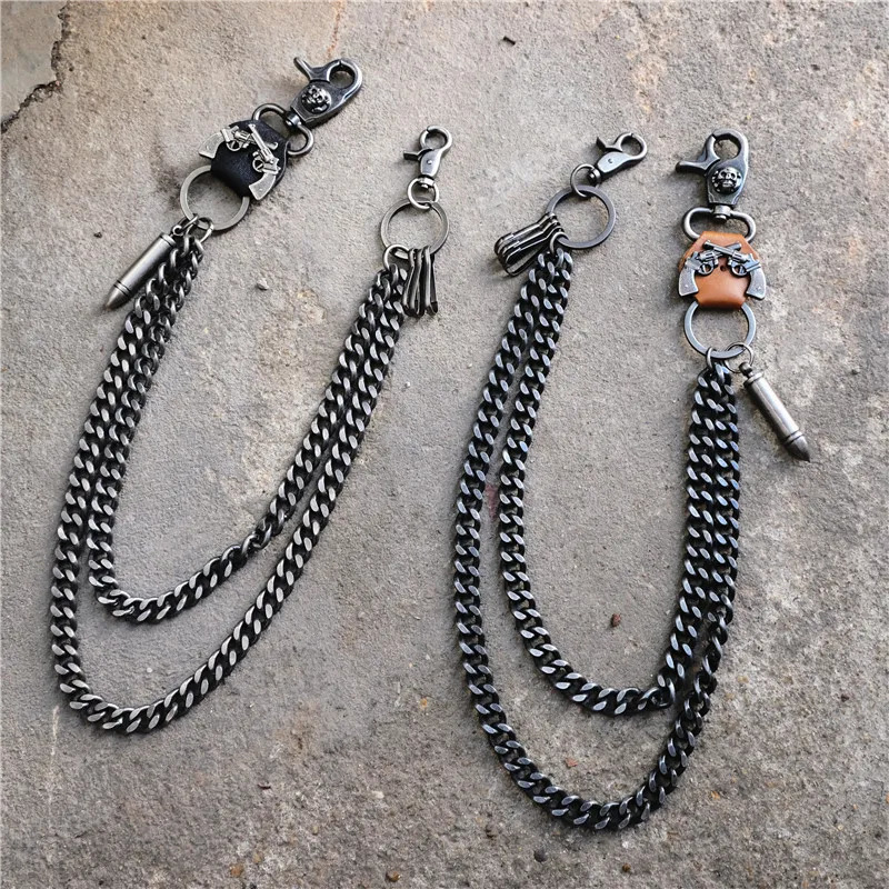Double Gun Bullet Keychain Pendant Cowhide Metal Pants Chain Thick Double HipHop Punk Waist Chain Accessories Gifts Wholesale 250722