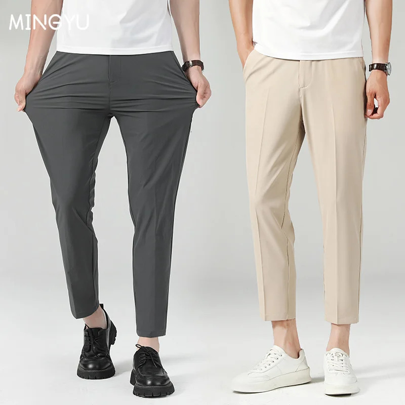 Summer Thin Suit Pants Men Business Elastic Waist Formal Korean Social Slim Work Office Ankle Length Long Trousers Male 250725