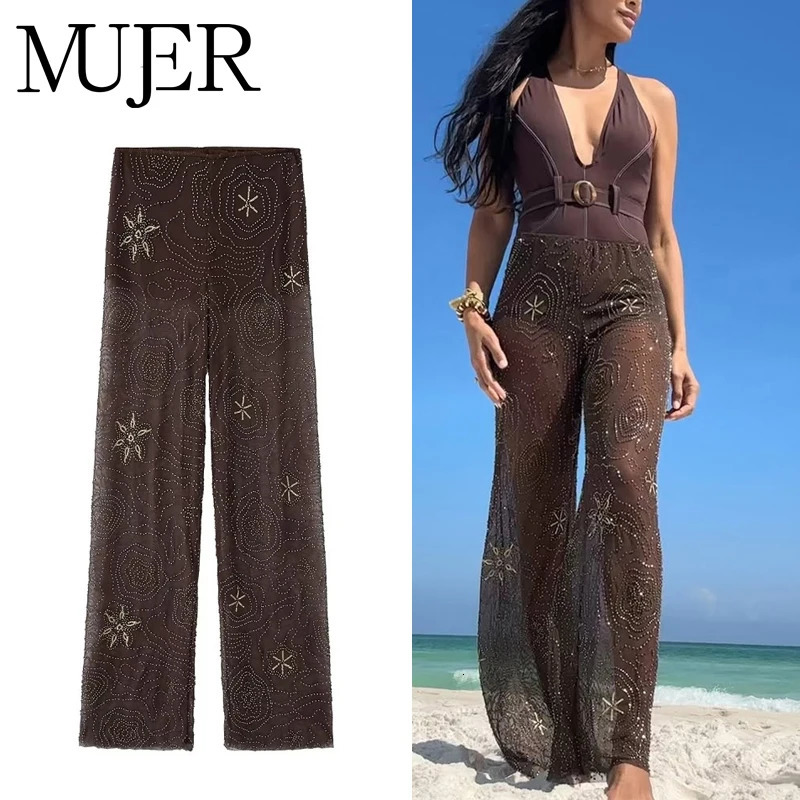 MUJER Sequin Baggy Pants Woman Beads Wide Leg for Women See Through Casual Pant Streetwear Fashion Trousers 250717