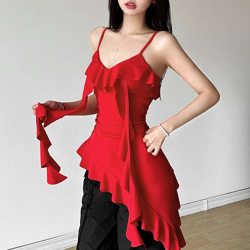 2024 Spring New Women's Solid Color Slim Fit Fashion V-neck Strap Ruffle Dress 020