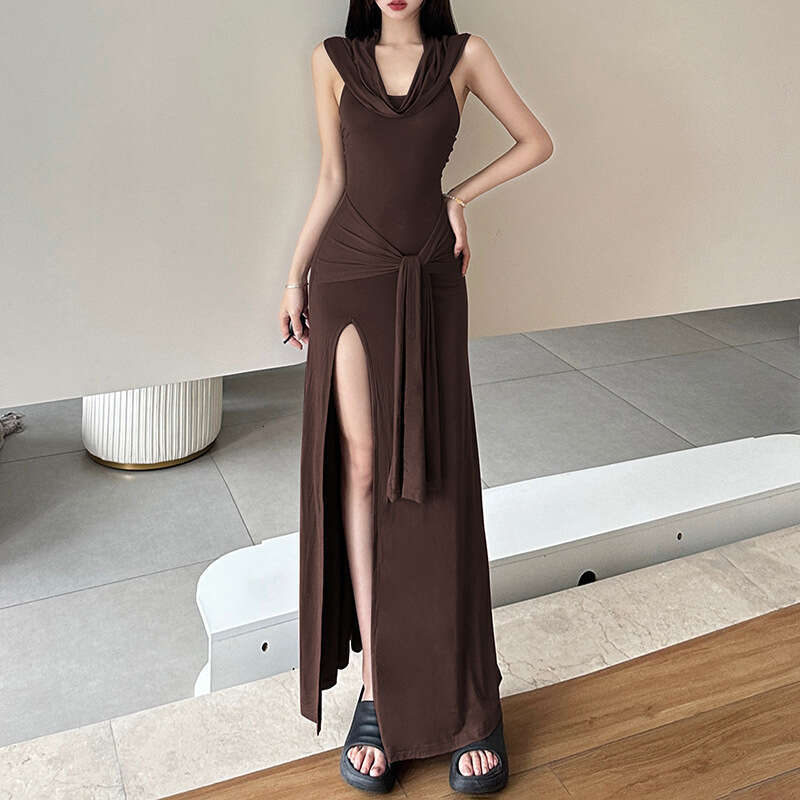 Women's Clothing 2024 Summer New Solid Color Sexy Hooded Sleeveless High Waist Long Dress e53