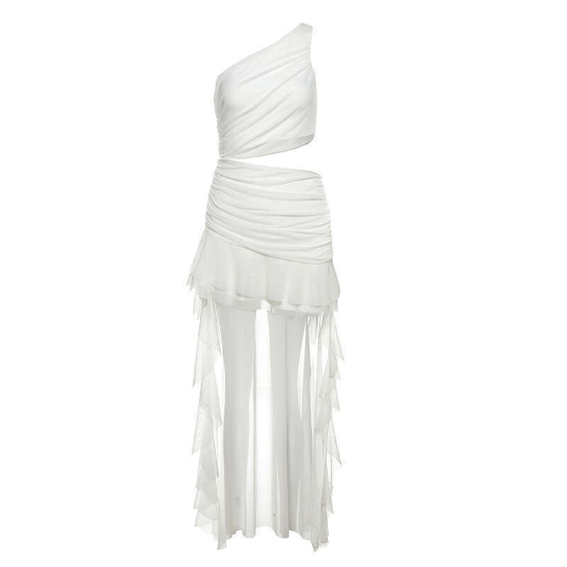 INS Style 2025 Spring New Women's Solid Color Slim Street Fashion Asymmetrical Neck One-Shoulder Dress 7e2