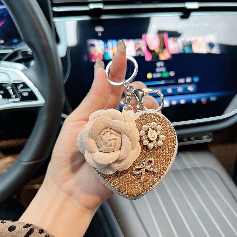 New Camellia Heart with Rhinestones Portable Folding Mirror Car Keychain Beaded Bag Pendant